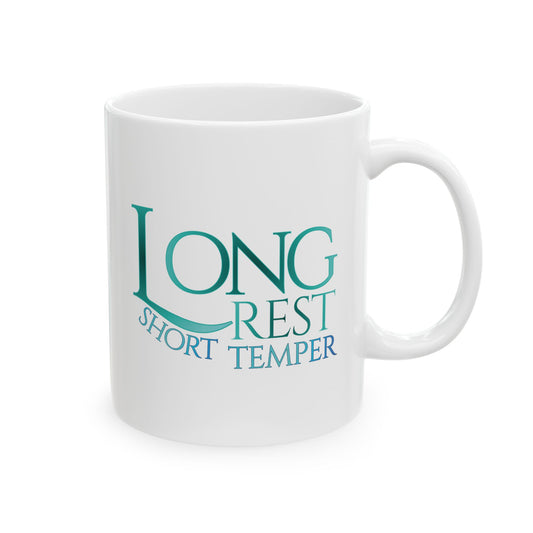 Long Rest Short Temper TTRPG Ceramic Mug — Blue Gradient Gamer Coffee Cup