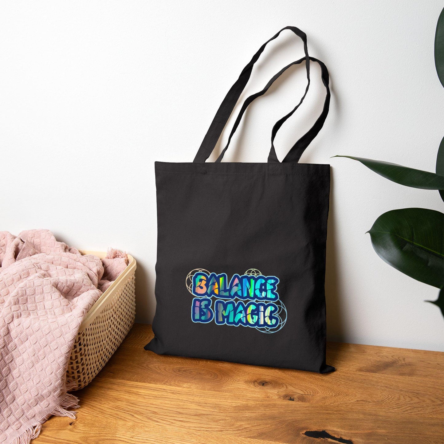 Balance Is Magic Witchy Cosmic Typography, Sacred Geometry Alchemy DND Goblin Gear Canvas Tote